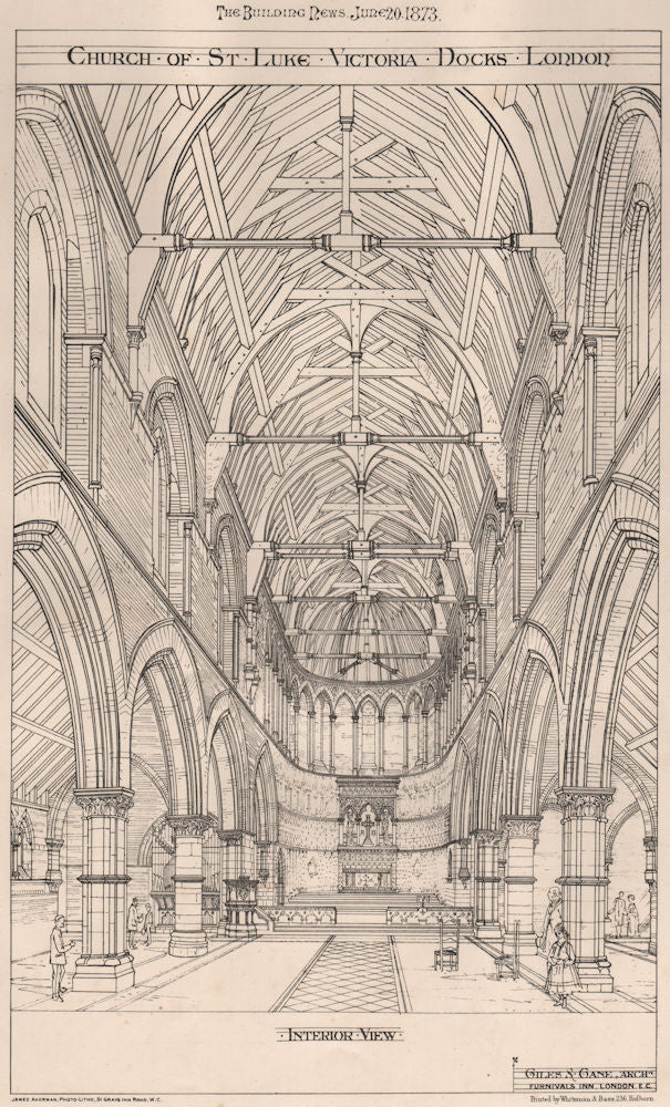 St. Luke's church, Victoria Docks, London;Giles & Gane Architects 1873 print